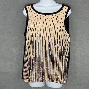 Tiny Sequin Top Sleeveless Party‎ Anthropologie Blouse Black Beige Sz L Glam